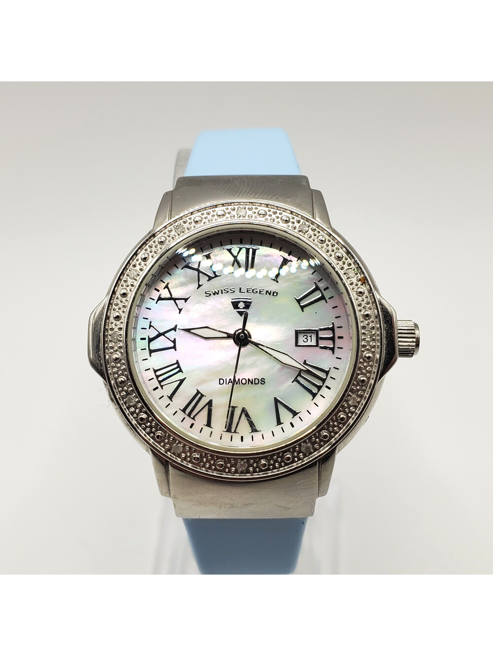 Swiss Legend South Beach Diamond Watch Women 36mm Silver Tone MOP New Battery